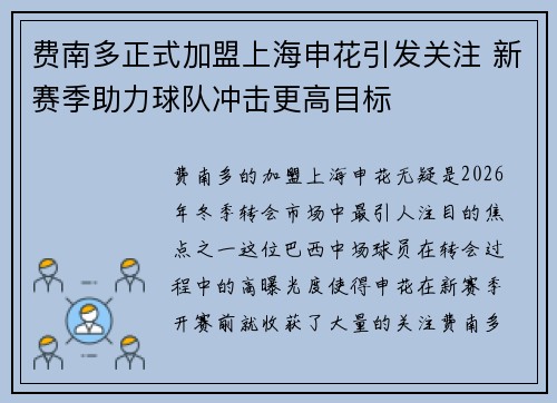 费南多正式加盟上海申花引发关注 新赛季助力球队冲击更高目标